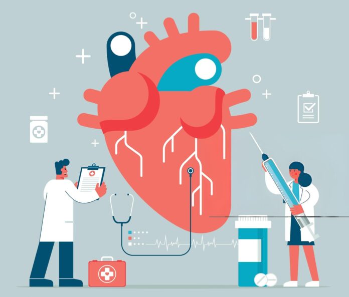 Ilustrim mjekësor i stilizuar që paraqet një zemër anatomike në qendër, e rrethuar nga profesionistë të kujdesit shëndetësor dhe pajisje mjekësore. Një mjek mashkull me mantelin e bardhë mban një tabelë shënimesh në të majtë, ndërsa një mjeke femër mban një shiringë të madhe në të djathtë. Poshtë zemrës ndodhen stetoskopi, një çantë mjekësore me kryq të kuq, një linjë EKG-je, shishe ilaçesh dhe pilula. Sfondi përmban ikona laboratorike dhe mjete diagnostikuese, duke theksuar rëndësinë e kujdesit kardiovaskular.