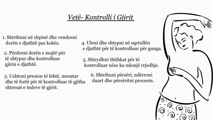 Ilustrim informues me titull “Vetë-Kontrolli i Gjirit”, që tregon një person duke kryer vetëkontrollin e gjirit. Përmban gjashtë hapa të shkruar në shqip, që udhëzojnë për pozicionimin, palpimin dhe kontrollin e ndryshimeve të mundshme në gjinj. Qëllimi është ndërgjegjësimi për zbulimin e hershëm të anomalive si gungat apo rrjedhjet.